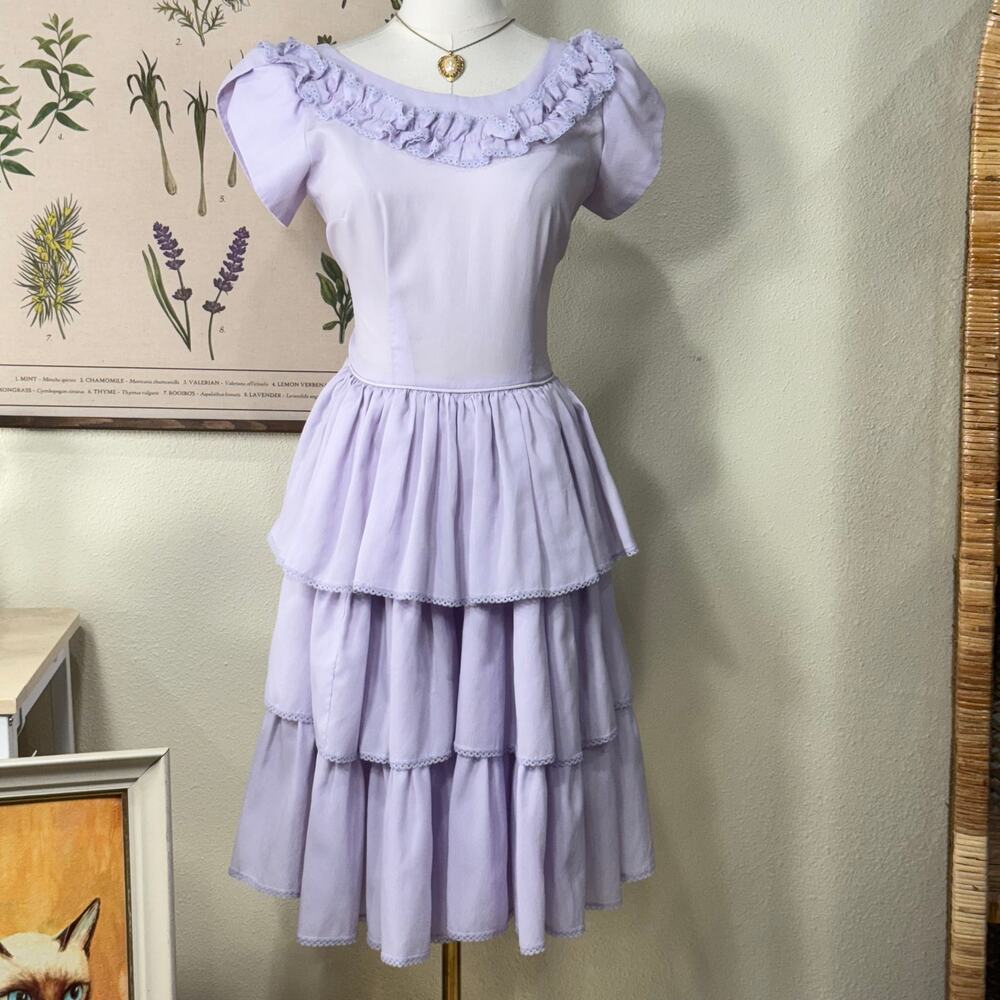 Vintage 70s Tiered Ruffle Square Dance Dress Prairie Cottage Dolly Coquette S M